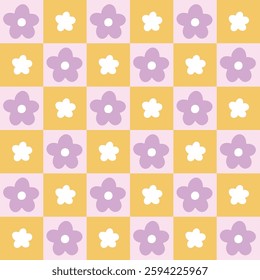 Gingham seamless vector pattern with meadow chamomile flowers. Tartan check for tablecloths, napkins, clothes, packaging, for the Easter holiday. Cozy cute childish background in a pastel palette