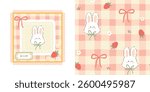 Gingham seamless vector pattern and print template with kawaii bunny rabbit and strawberries. Tartan check for tablecloths, napkins, clothes, packaging, for the Easter. Cute childish pastel palette