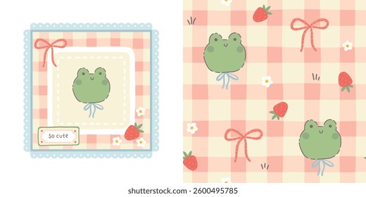 Gingham seamless vector pattern and print template with kawaii little frog and strawberries. Tartan check for tablecloths, napkins, clothes, packaging, for the Easter. Cute childish pastel palette.