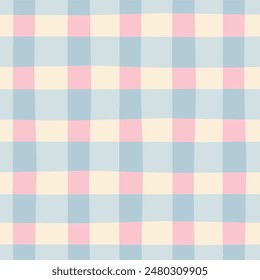 Gingham seamless vector pattern. Tartan check for tablecloths, napkins, clothes, packaging, for the Easter holiday. Cozy cute childish background in pastel pink beige blue palette