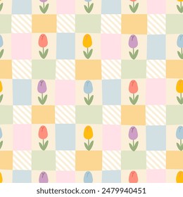 Gingham seamless vector pattern with tulip flowers. Tartan check for tablecloths, napkins, clothes, packaging, for the Easter holiday. Cozy cute childish background in a pastel palette