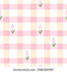 Gingham seamless vector pattern with tulip flowers. Tartan check for tablecloths, napkins, clothes, packaging, for the Easter holiday. Cozy cute childish background in a pastel palette