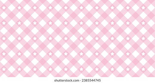 Gingham star diagonal seamless pattern in pink pastel color. Vichy plaid design for Easter holiday textile decorative. Vector checkered pattern for fabric - picnic blanket, tablecloth, dress, napkin.