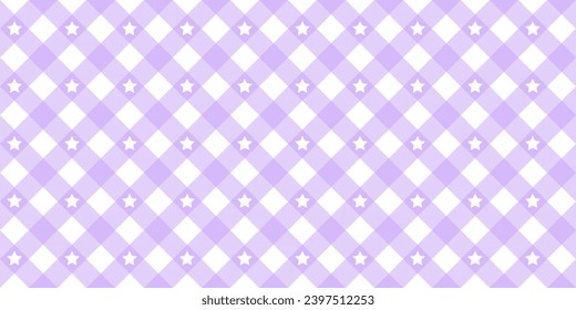 Gingham star diagonal seamless pattern in purple pastel color. Vichy plaid design for Easter holiday textile decorative. Vector checkered pattern for fabric - picnic blanket, tablecloth, dress, napkin