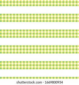 Gingham striped vector seamless pattern background. Horizontal green and white checkered wide spaced stripes backdrop. Linear geometric repeat. Modernist style design. Summer food and picnic concept