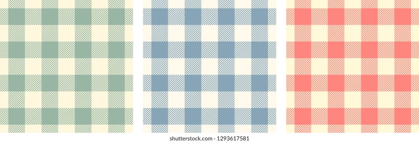 Gingham tablecloth abstract line shape motif pattern classic geometric continuos background. Plaid check small squares ornament, pastel colors palette. Retro textile fabric swatch all over print block