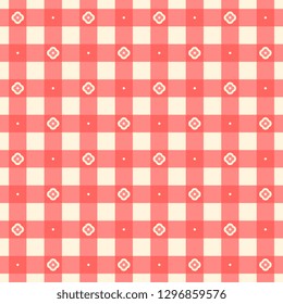 Gingham tablecloth abstract line shape motif pattern classic geometric continuos background. Plaid check small squares ornament, pastel colors palette. Retro textile fabric swatch all over print block