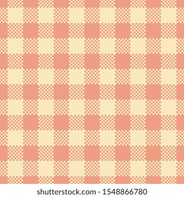 Gingham tablecloth abstract line shape motif pattern classic geometric continuos background. Plaid check small squares ornament, pastel colors palette. Retro textile fabric swatch all over print block