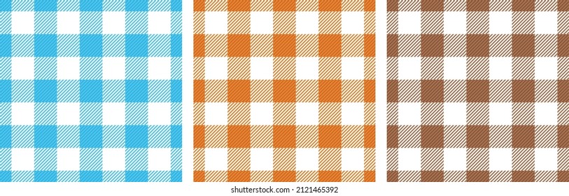 Gingham tablecloth crossed stripes retro seamless paterns vector set. Plaid tartan woven textile print for blanket. Crossed stripes scottish texture.