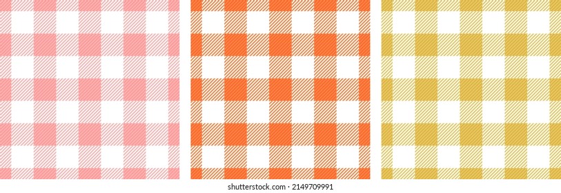 Gingham tablecloth stripes cells organic seamless paterns vector set. Plaid checkered flannel textile print for blanket. Crossed lines scarf pattern.