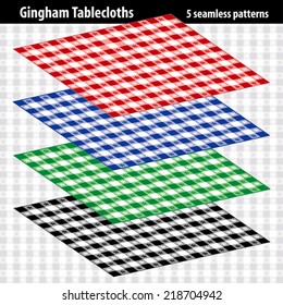 Gingham Tablecloths. EPS includes 5 pattern swatches that will seamlessly fill any shape. For picnics, restaurants, cafes, bistros, home decorating, arts, crafts, scrapbooks and albums.