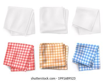 Los manteles de Gingham y las toallas de cocina blanca son las mejores vistas. Conjunto vectorial realista de ropa de mesa plegada 3d con un patrón de plaid y servilletas de lino aisladas en fondo blanco