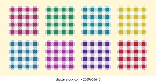 Gingham vector pattern set checkered plaids different color for Easter holiday, tablecloth, dress, fabric textile design. Vichy tartan seamless backgrounds with cute flowers. 10 eps