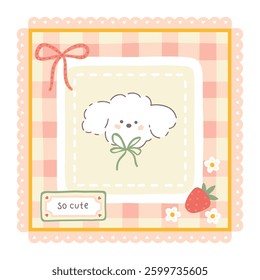 Gingham vector print template with kawaii poodle dog and strawberries. Tartan check for tablecloths, napkins, clothes, packaging, for the Easter. Cute childish background, pastel palette