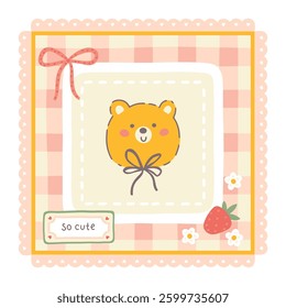 Gingham vector print template with kawaii teddy bear and strawberries. Tartan check for tablecloths, napkins, clothes, packaging, for the Easter. Cute childish background, pastel palette