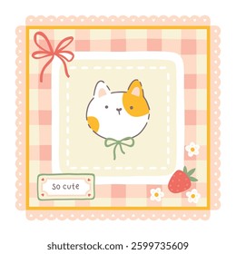 Gingham vector print template with kawaii cute cat and strawberries. Tartan check for tablecloths, napkins, clothes, packaging, for the Easter. Cute childish background, pastel palette
