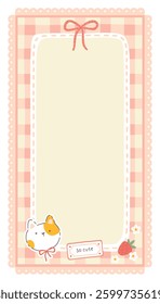Gingham vector print template with kawaii cat and strawberries. Tartan check for diary pages, note paper, to do list, stickers. Cute childish background, pastel palette