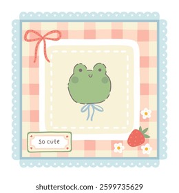Gingham vector print template with kawaii little frog and strawberries. Tartan check for tablecloths, napkins, clothes, packaging, for the Easter. Cute childish background, pastel palette.