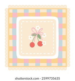 Gingham vector print template with kawaii cherry berries. Tartan check for tablecloths, napkins, clothes, packaging, for the Easter. Cute childish background, pastel palette