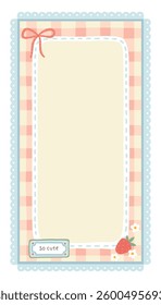 Gingham vector print template with kawaii strawberries. Tartan check for diary pages, note paper, to do list, stickers. Cute childish background, pastel palette
