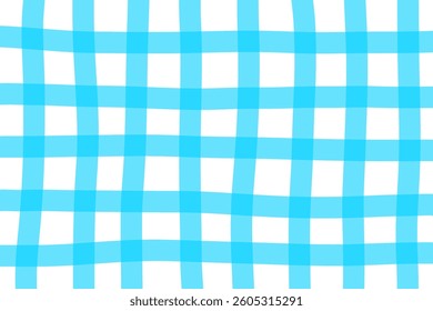 Gingham or vichy pattern in doodle style. Picnic plaid, tablecloth, blanket or napkin texture in hand drawn technique. Blue crossed uneven lines. Cute minimalistic print. Vector illustration.