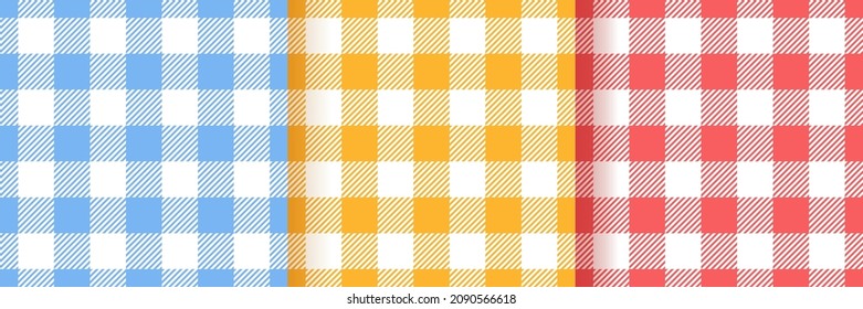 Gingham vichy seamless patterns. Checkered textures. Set of plaid backgrounds. Blue, red, yellow prints. Vector illustration. Retro flannel wallpaper. Cloth textile grid. Simple tablecloth backdrop