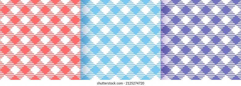 Gingham vichy seamless patterns. Checkered textures. Set of plaid backgrounds. Blue, red prints. Retro flannel wallpaper. Cloth textile grid. Simple tablecloth backdrop. Vector illustration.