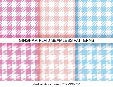Gingham vichy seamless patterns. Set of plaid backgrounds. Checkered textures. Retro flannel wallpapers. Pastel blue, pink prints. Simple tablecloth backdrops. Cloth textile grid. Vector illustration