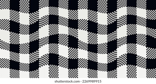 Gingham wavy pattern. Seamless wavy black and white plaid pattern. Print for seamless vector surfaces.