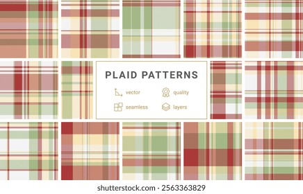 Gingham-inspired plaid patterns, great for textile, fabric, and shirt designs with rustic and British fashion vibes.