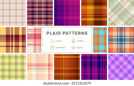 Gingham-inspired plaid patterns, great for textile, fabric, and shirt designs with rustic and British fashion vibes.