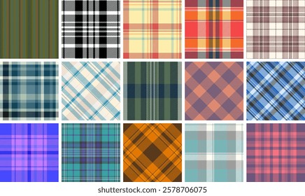 Gingham-inspired plaid patterns, great for textile, fabric, and shirt designs with rustic and British fashion vibes.