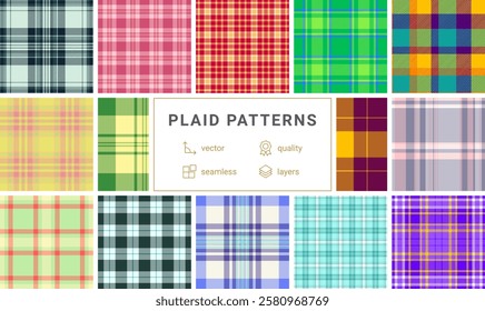 Gingham-inspired plaid patterns, great for textile, fabric, and shirt designs with rustic and British fashion vibes.