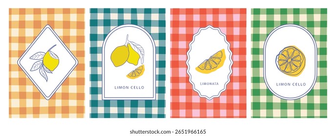 Gingham-patterned labels with hand-drawn lemons and slices in outlined frames; each design combines rustic charm with citrus freshness. Ideal for homemade limoncello, picnic packaging, or summer fairs