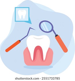 Examen de gingivitis usando el concepto de espejo bucal, diente tierno, descolorido o suelto que explora con el diseño del icono del Vector de la sonda de la hoz, símbolo de la odontología, signo de la atención médica, instrumento dental