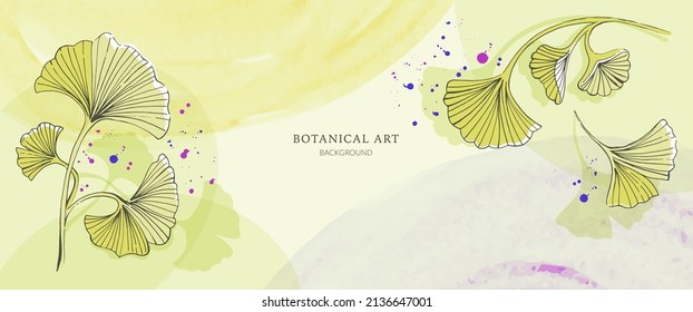 Gingko. Abstract botanical and floral art background. Vector for design and decoration wallpapers, banner, poster, greetings and invitations cards, templates and prints. Yellow, purple and green color