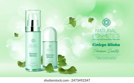 Gingko biloba cream cosmetics. Vector ads background, skincare promotion with two 3d product bottles, floating ginkgo leaves and ethereal bubbles. Natural cosmetic brand for freshness and beauty care