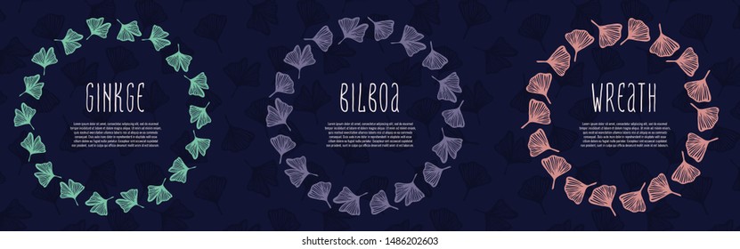 Gingko biloba hand drawing leaves wreath set