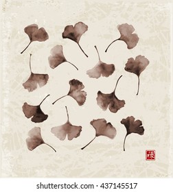 Gingko biloba leaves on vintage background. Traditional Japanese ink painting sumi-e. Contains hieroglyph - well-being. Vector illustration.
