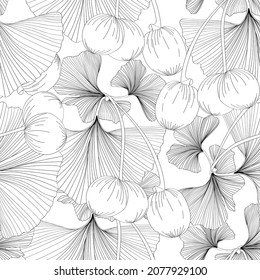 Gingko biloba seamless background pattern. Black line leaves on white background.