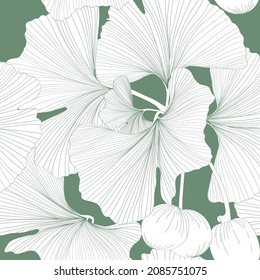 Gingko biloba seamless background pattern. Green line leaves on white background.