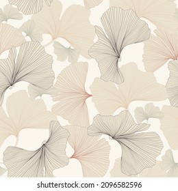 Gingko biloba seamless background pattern. Beige line leaves background.