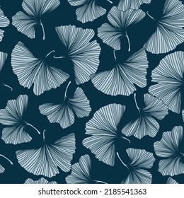 Gingko biloba seamless background pattern. Line blue leaves background.