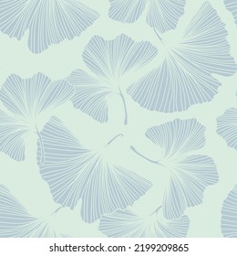 Gingko biloba seamless background pattern. Line blue leaves background.