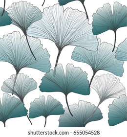 Gingko biloba seamless blue colors pattern. White background