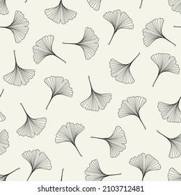 Gingko biloba seamless repeat pattern. Random placed, vector maidenhair tree plant all over surface print on ecru white background.