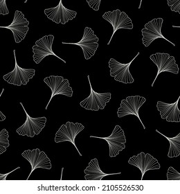 Gingko biloba seamless repeat pattern. Random placed, vector maidenhair tree plant all over surface print on black background.