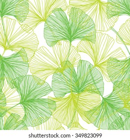 Gingko biloba seamless vector background pattern. Green colors. Hand drawn background on white