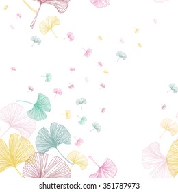 Gingko biloba seamless vector background pattern. Sweet pastel colors on white background. Hand drawn