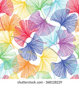 Gingko biloba seamless vector background pattern. Multicolors. Hand drawn background on white